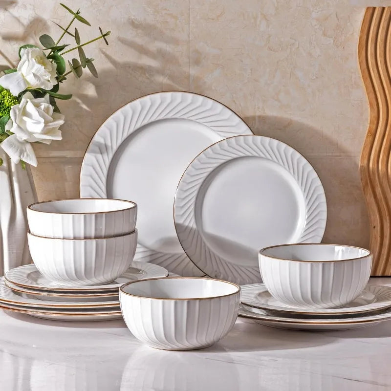 Embossed Elegant Stoneware Plates and Bowls Sets