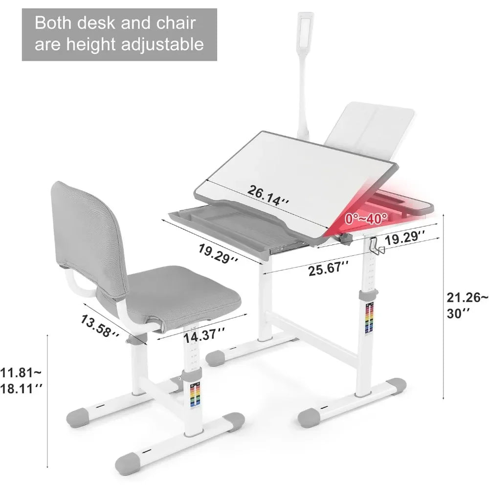 Height Adjustable Kids Study Desk and Chair Set with LED Lamp