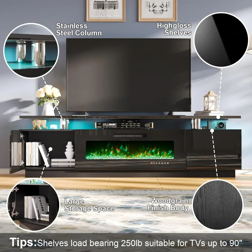 Fireplace and Bookcases, Includes 80" 2-Tier Fireplace TV Stand 40" , 2 x High Gloss Bookshelves LED Lights & Glass Doors