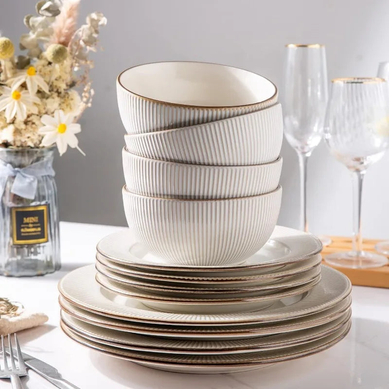 Embossed Elegant Stoneware Plates and Bowls Sets