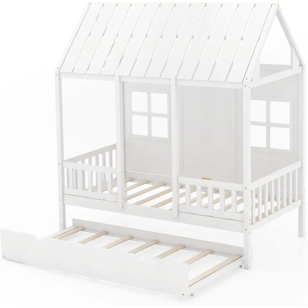 Kids Wooden Twin House Bed Frame with Trundle, 82" Tall Roof, Windows and Guardrail