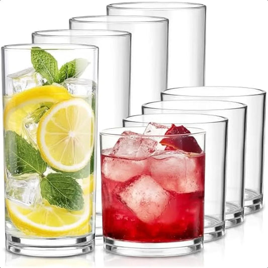 Set of 8, 14oz Rocks and 20oz Water Cups Unbreakable Plastic Glasses