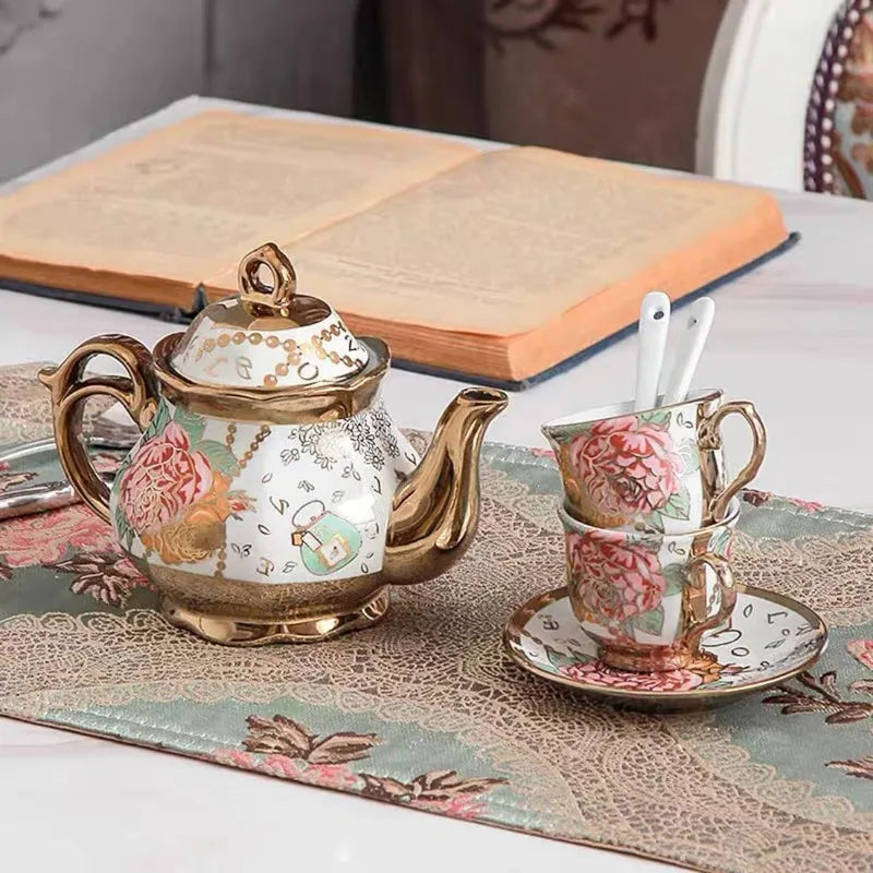 Gold Plated Red Rose Ceramic Vintage Tea Set, with Teapot