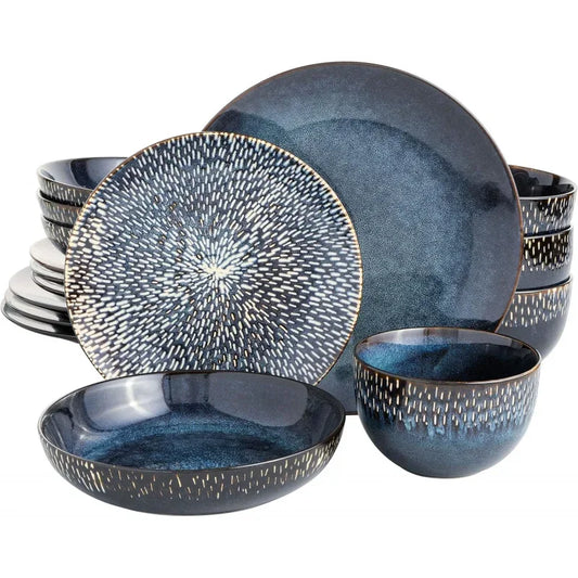 Matisse 16 Piece Double Bowl Dinnerware Set, Cobalt Blue, Service for 4