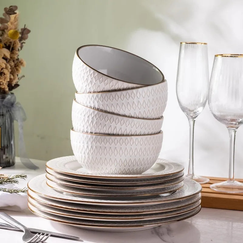 Embossed Elegant Stoneware Plates and Bowls Sets