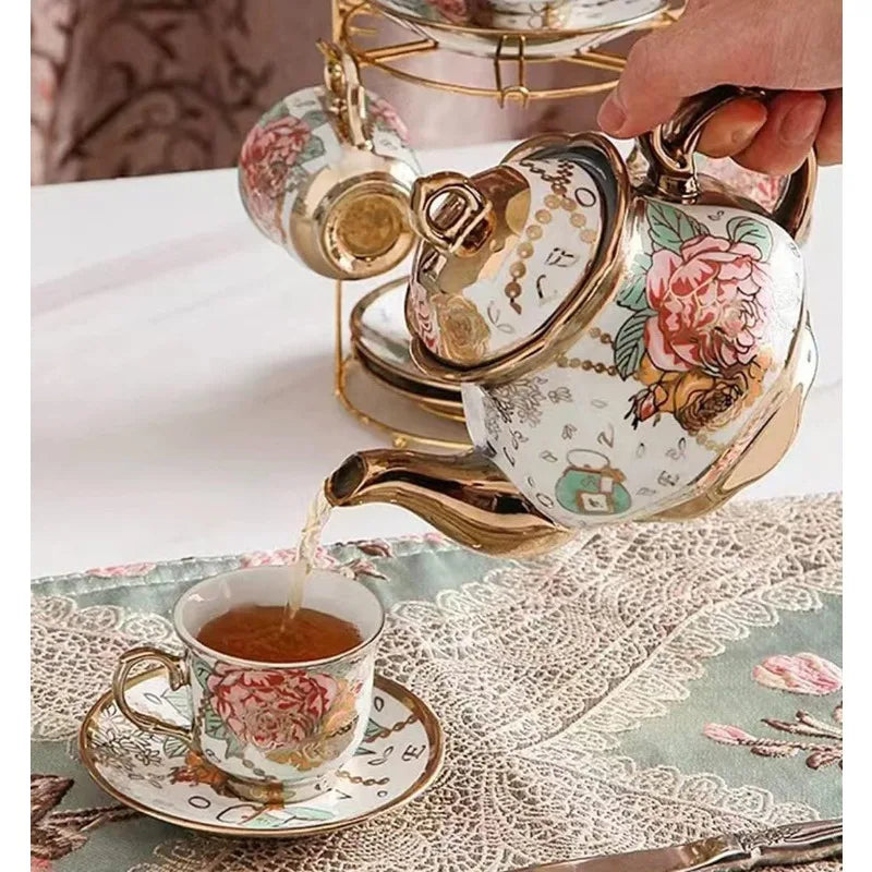 Gold Plated Red Rose Ceramic Vintage Tea Set, with Teapot