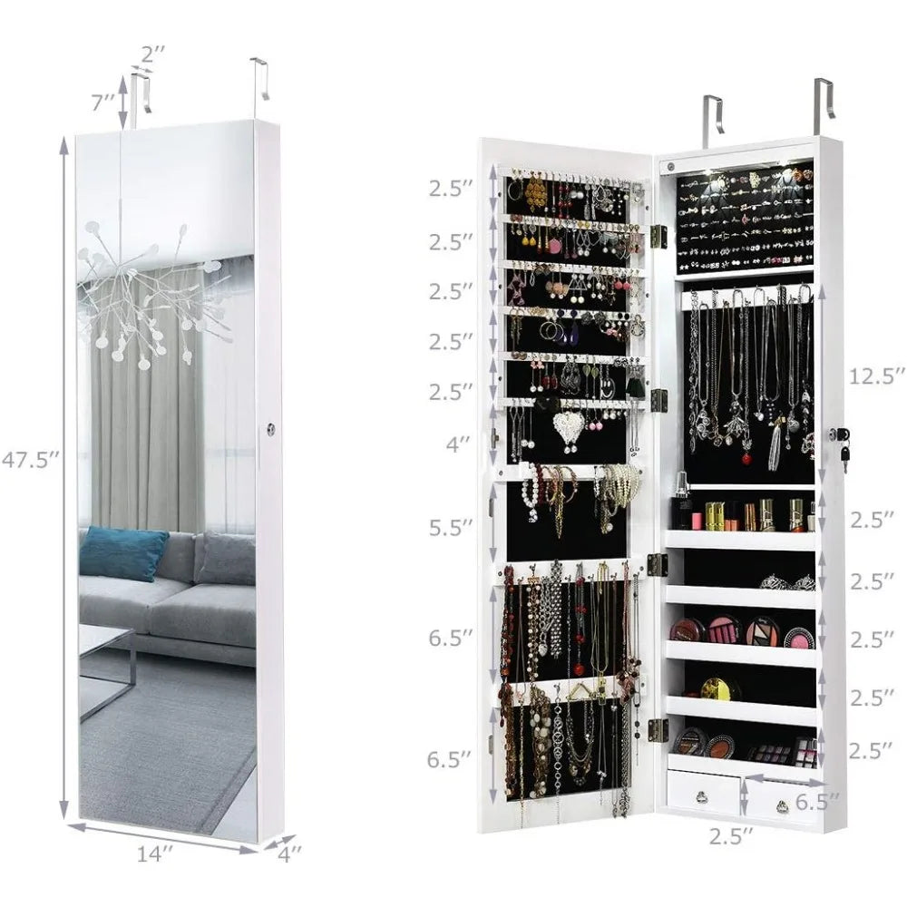 Lockable Large Jewelry Organizer Cabinet with Full-Length Mirror, 2 LEDs