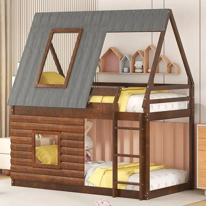 Twin Over Twin House Bunk Bed Frame with Roof, Window, Ladder and Slide