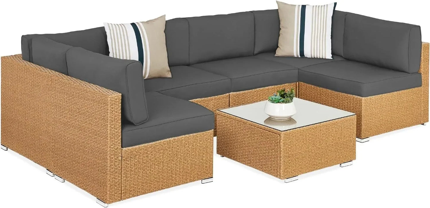 Modular Outdoor Sectional Wicker Patio Conversation Set w/ 2 Pillows, Coffee Table, Cover Included