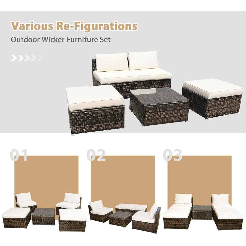 5 Piece Wicker Lounge Chair Set with Tempered Glass Coffee Table