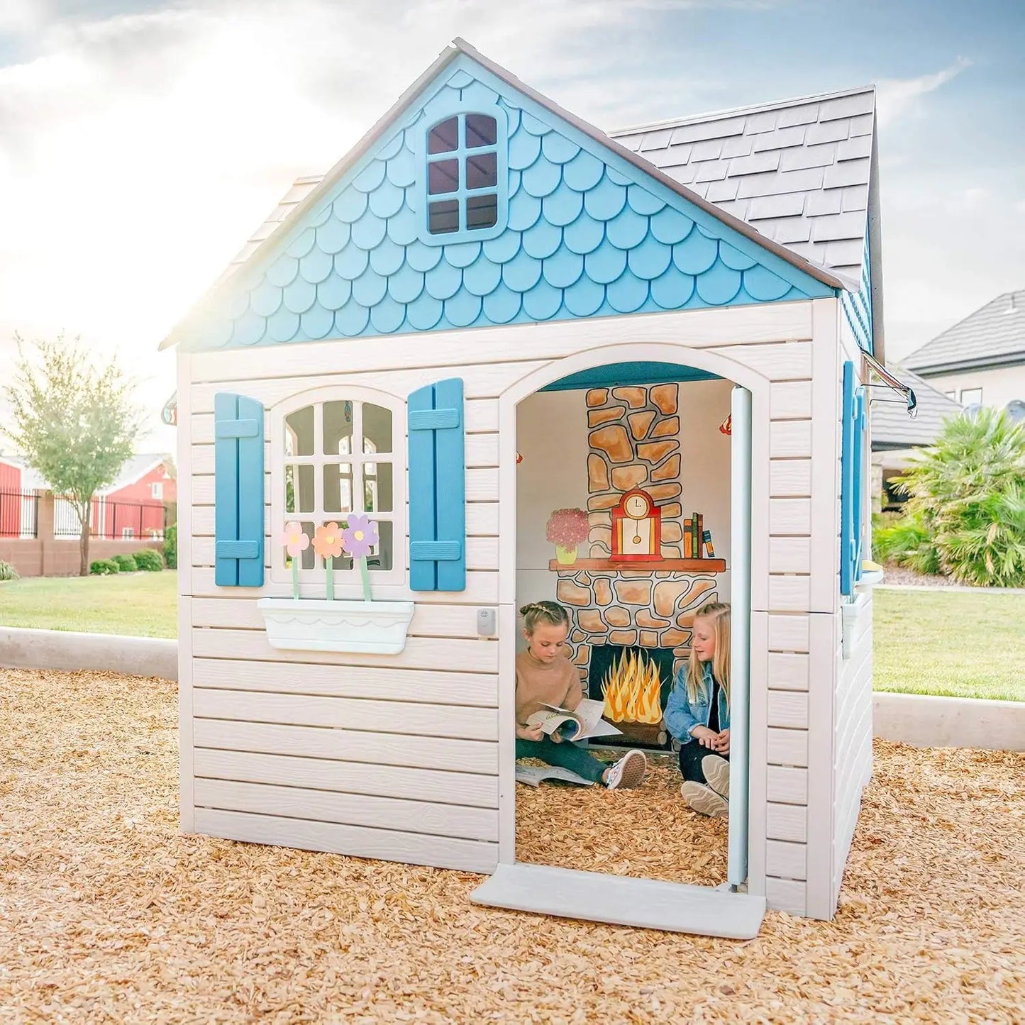 Plastic Outdoor Playhouse, Door with Mail Slot and Working Doorbell, Play Sink and Stove Combo, Toy Food, Pans, and Utensils