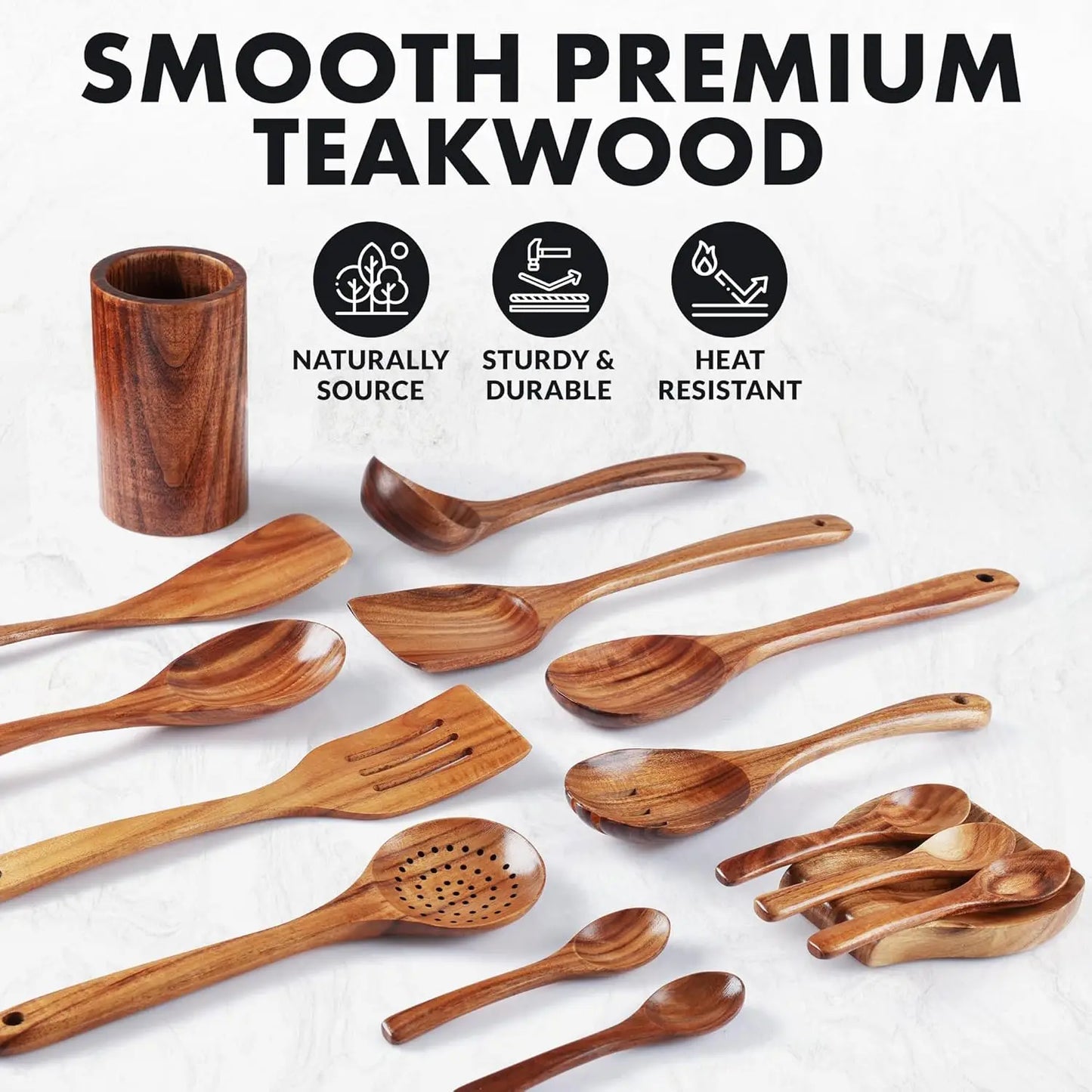 15-piece Natural Teak Utensil Set