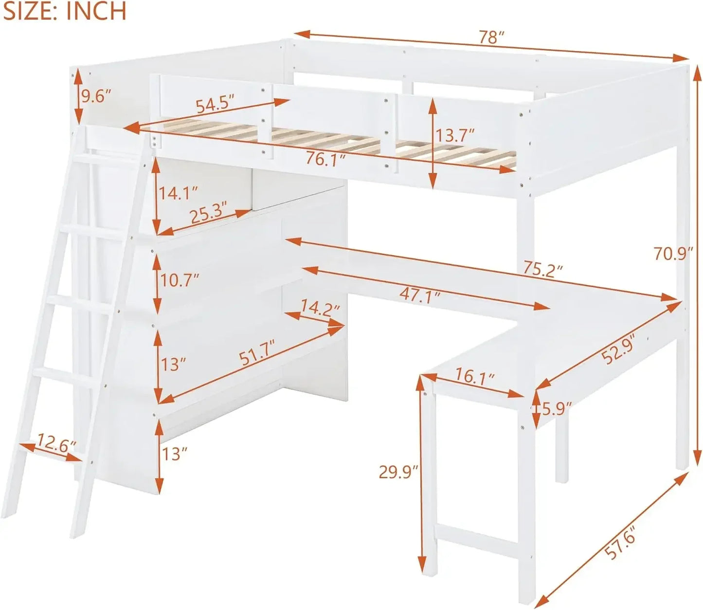 Full Size Loft Bed Frame with Wardrobe and Desk