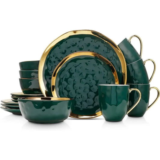 Porcelain 16 Piece Dinnerware Set, Service for 4, Golden Rim