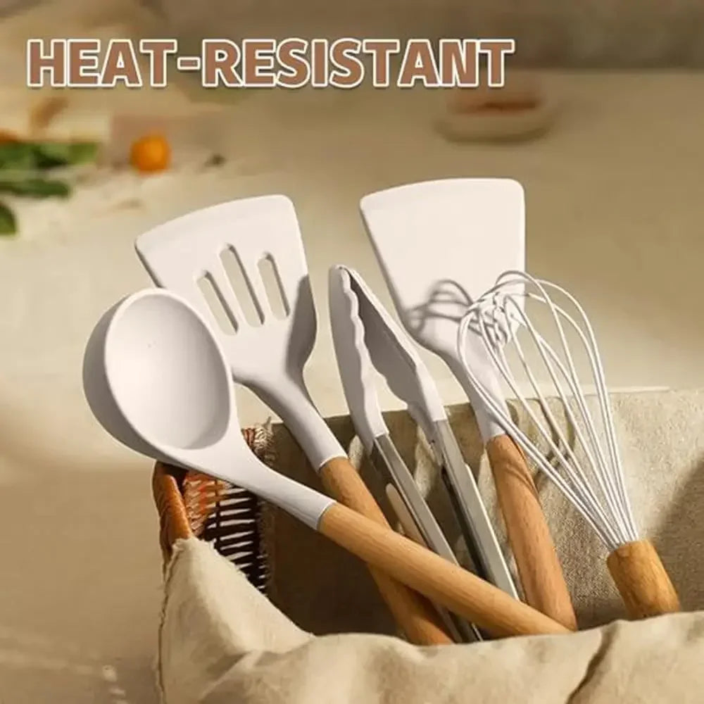 33-Piece Wooden Handle Silicone Kitchen Utensils Set