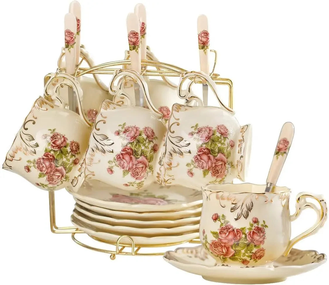 Set of 6,Vintage Floral Porcelain Teas Cups and Saucers with Golden Rack