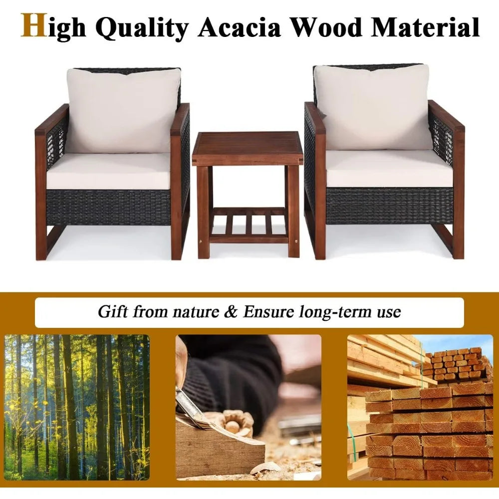 3 Piece Wicker Patio Furniture Set w/Washable Cushion & Acacia Wood Coffee Table