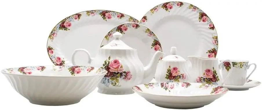 45-Piece 24 K Gold Trim Embossed Swirl Floral Print Porcelain Dinnerware Set