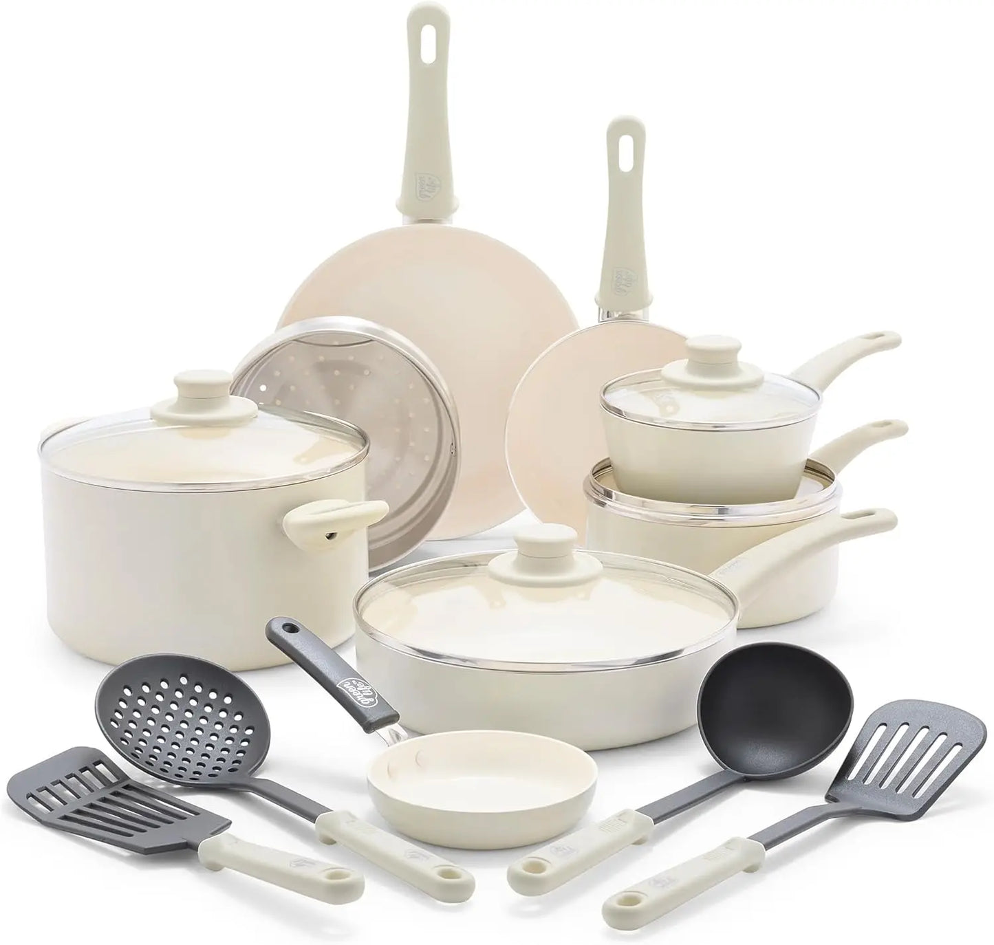 Ceramic Nonstick 16 Piece Kitchen Cookware Set, with Kitchen Utensils and Lid- Assorted Colors