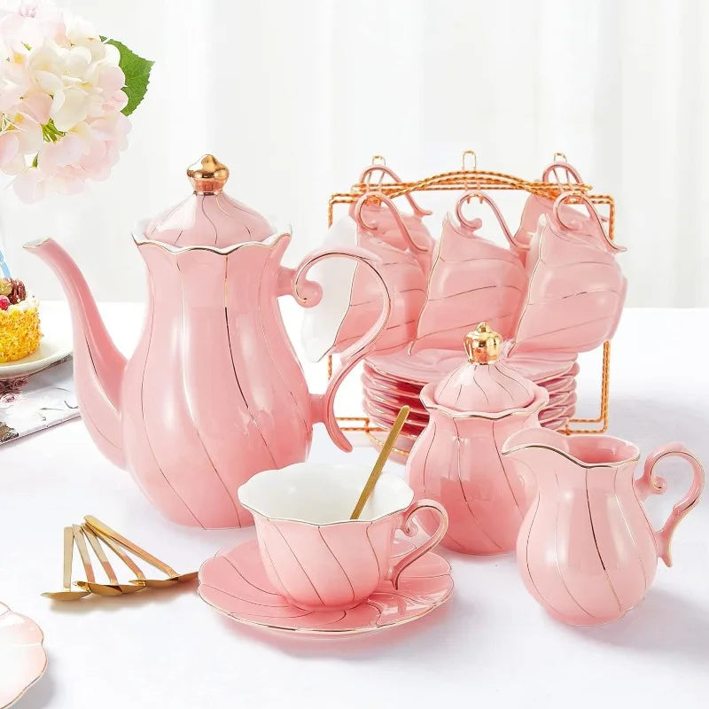 22 pcs Porcelain Tea Set for 6, Luxury British Style Tea/Coffee Cup Set with Golden Trim