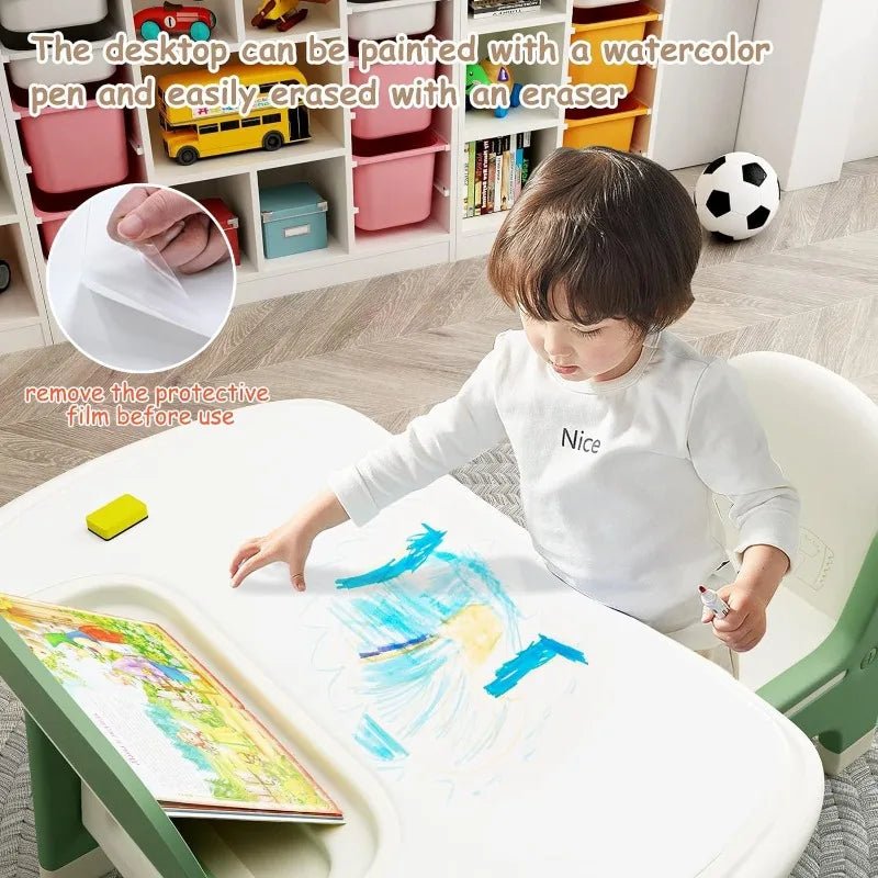 Kids Drawing Table and Chair Set with Watercolor Pen and Blackboard Eraser