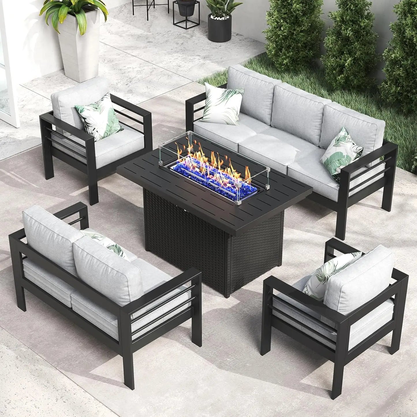 5 Piece Aluminum Furniture Set with Fire Pit Table