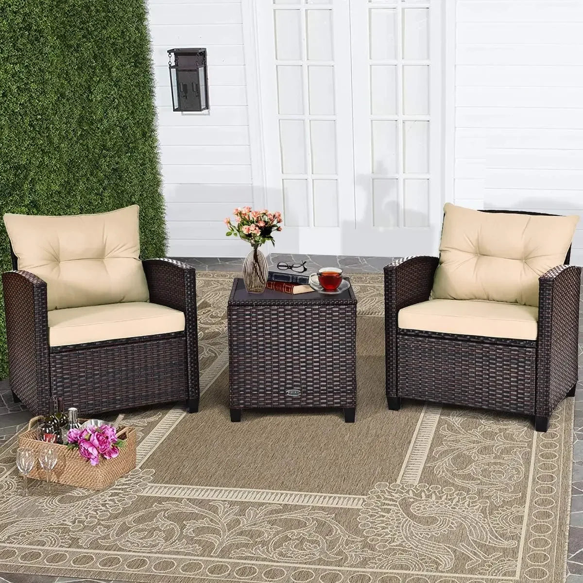 3 Piece Outdoor Rattan Sofa Set with Tempered Glass Tabletop