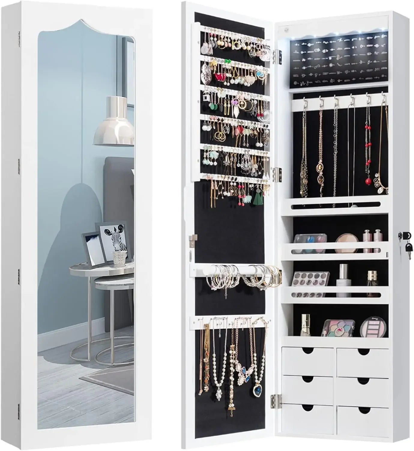 5 LEDs Mirror Jewelry Armoire Wall/ Door Mounted, Lockable Jewelry Cabinet with 6 Drawers and Full Length Mirror