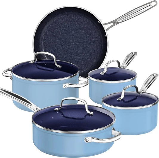 9Pc Healthy Duralon Blue Ceramic Nonstick Coated, Diamond Infused Scratch-Resistant, Cookware Set