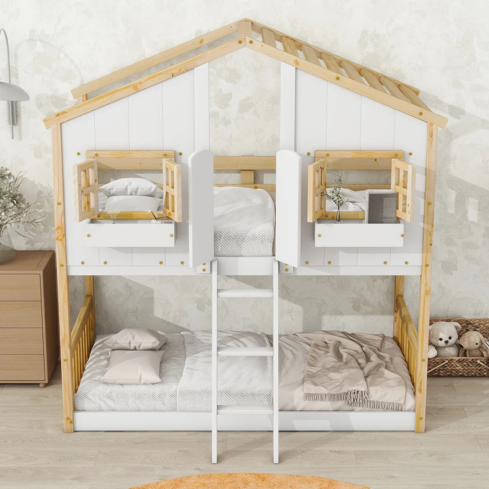 Twin over Twin House Bunk Bed with Roof