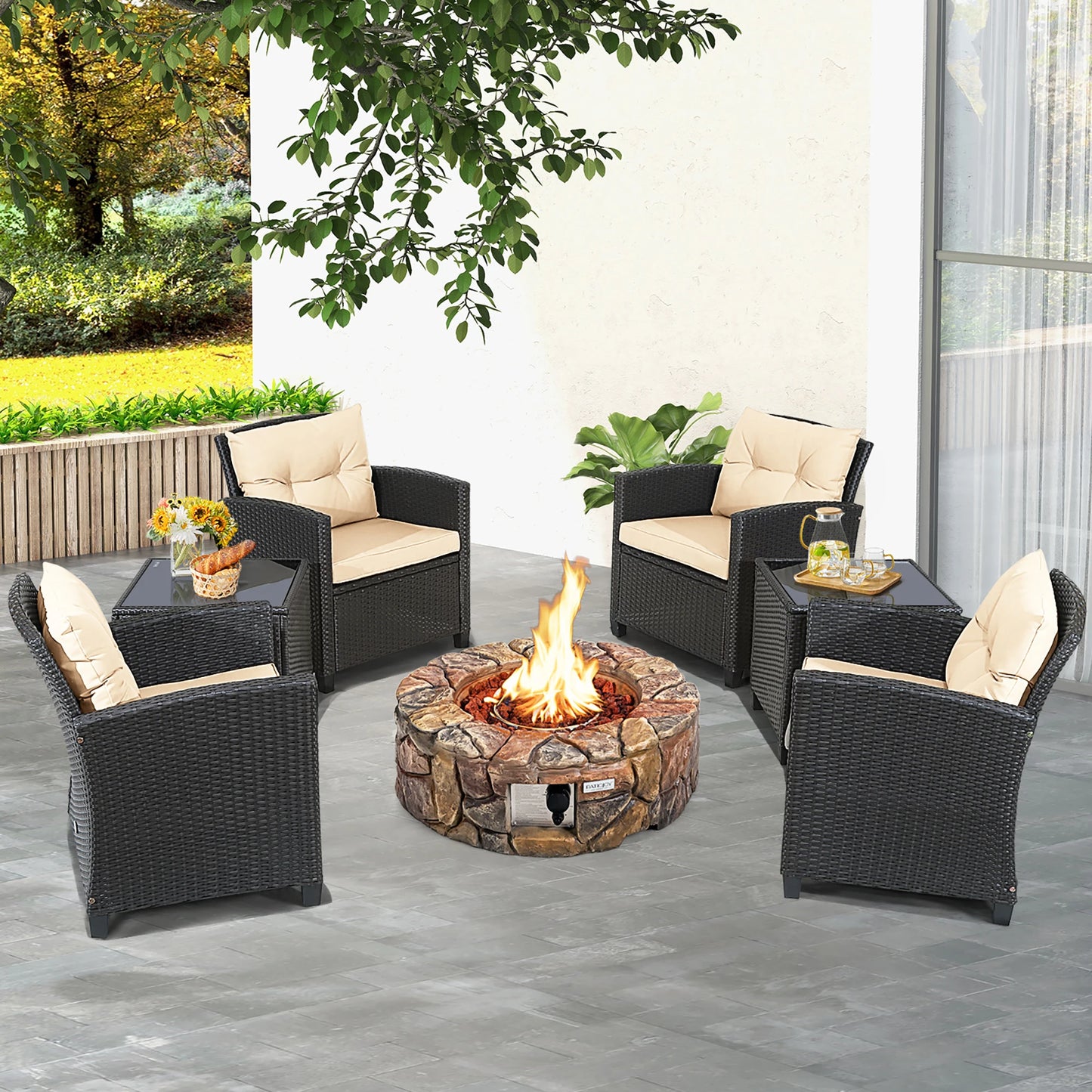 7PCS Wicker Patio Set w/Gas Fire Pit Table