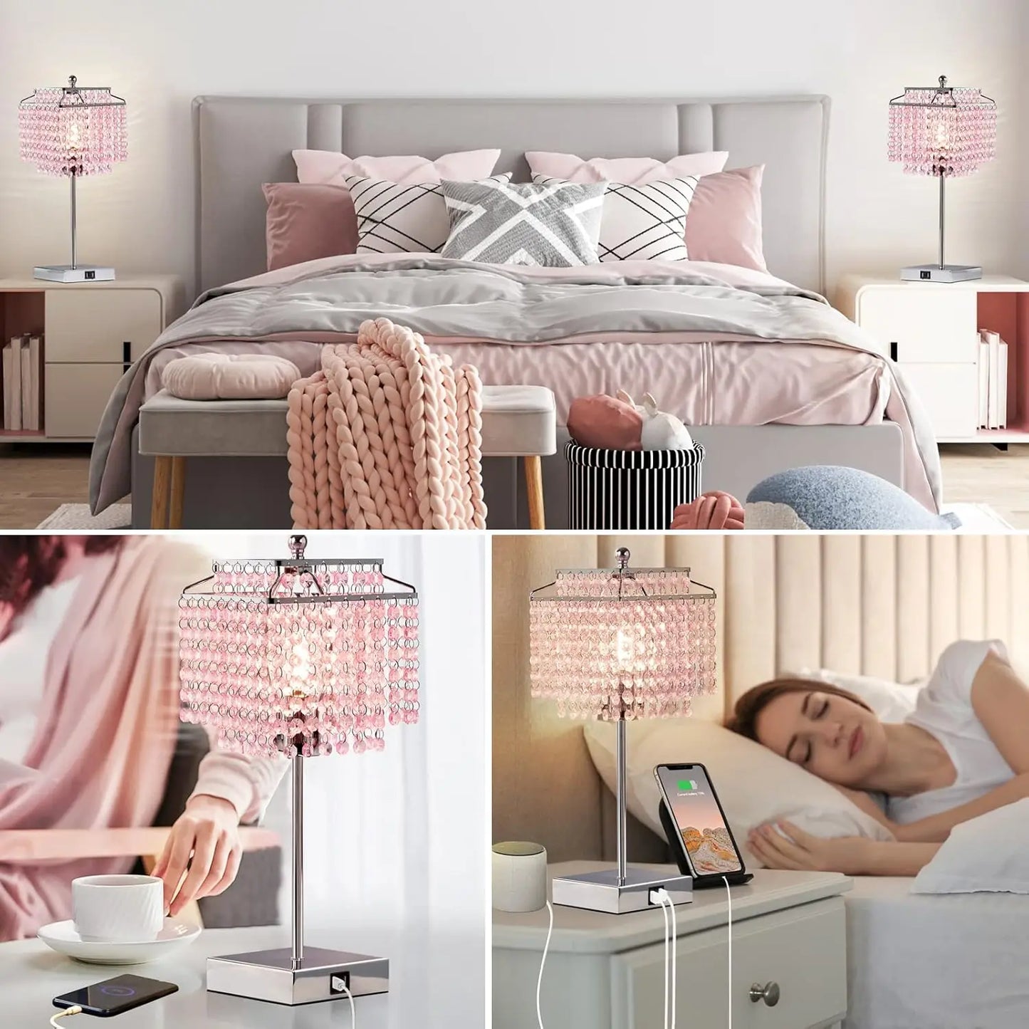 Set of 2, Pink Crystal Bedside Table Lamps, Touch Control , 3-Way Dimmable