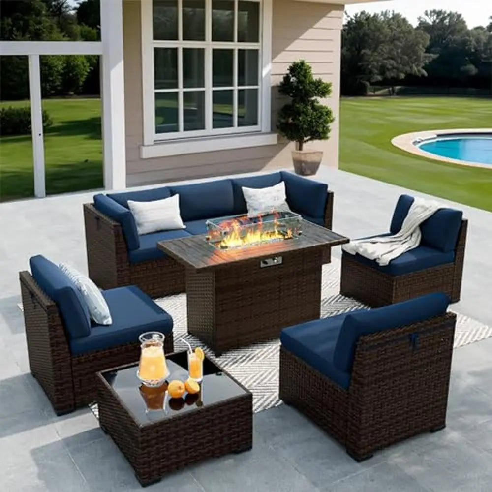 8pcs Rattan Sectional Conversation Patio Furniture Set w/ Fire Pit Table