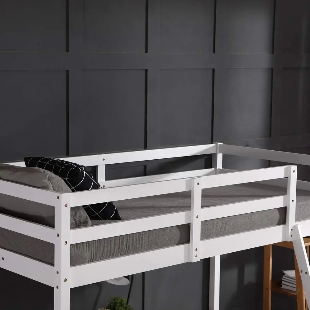 Twin Over Twin Solid Wood Bunk Bed Frame with Ladder and Guard Rail Space