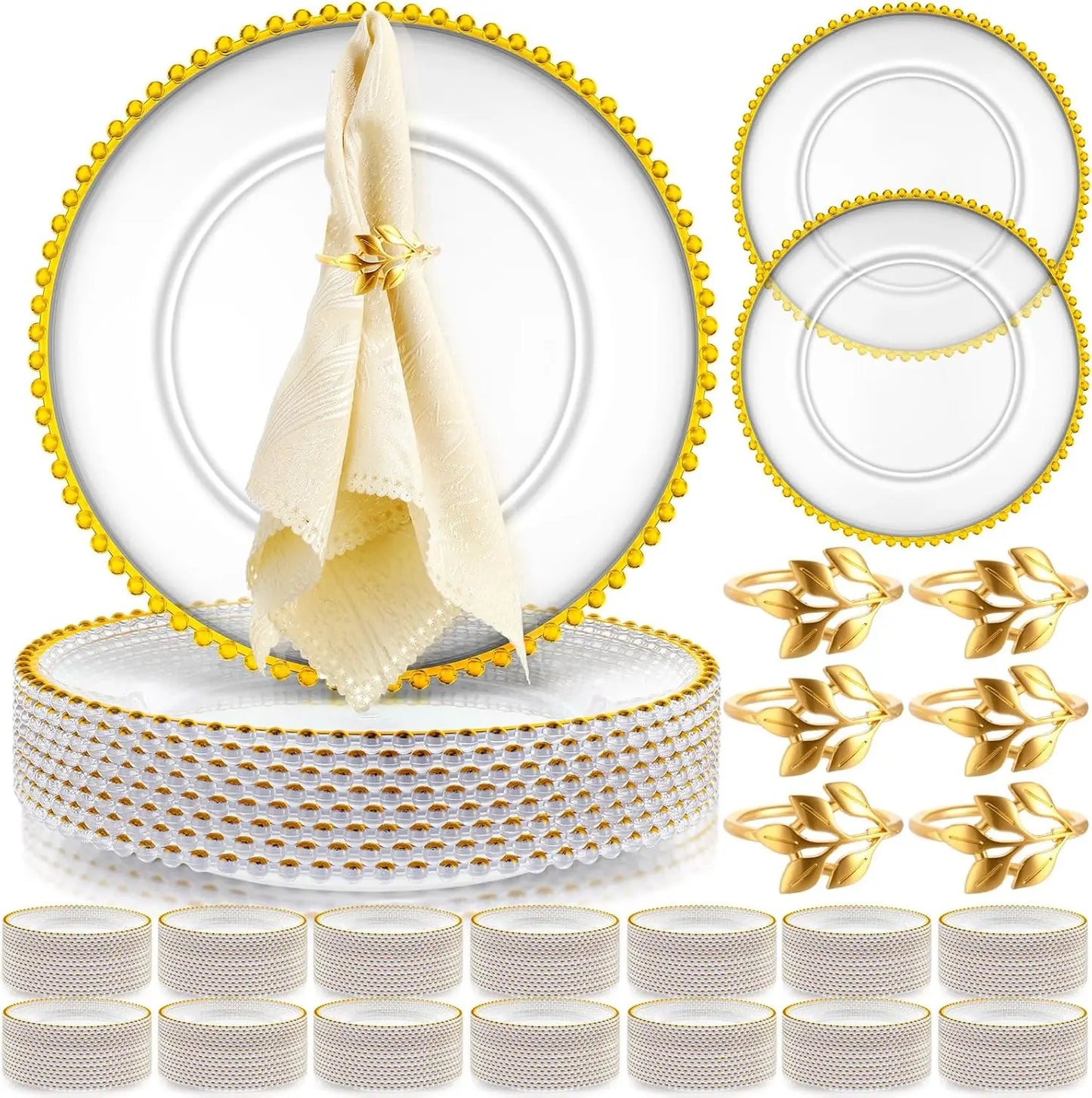 50 piece Clear 13 Inch Plastic Beaded Charger Plates - Gold Trim or Silver Trim options