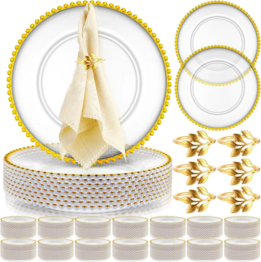 50 piece Clear 13 Inch Plastic Beaded Charger Plates - Gold Trim or Silver Trim options