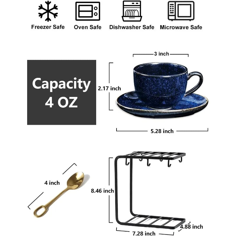 Ceramic Espresso Coffee Cups - 4 oz Porcelain Espresso Cups Set with Saucers Spoons and Metal Stand