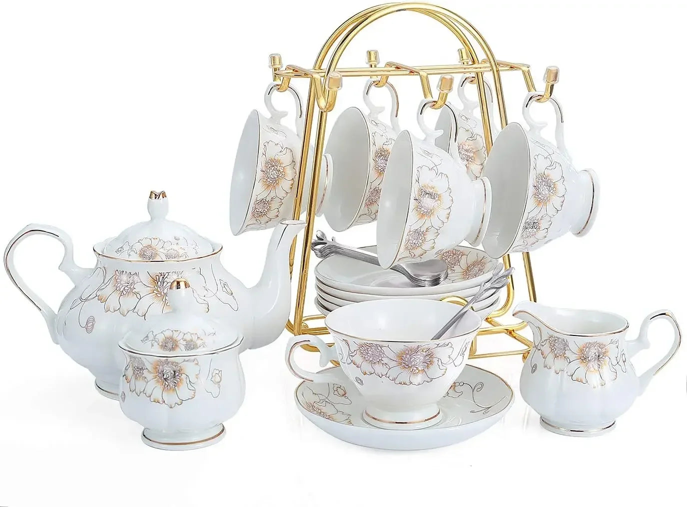 22-Piece Porcelain Ceramic Tea Set, Teapot and Cup Set, for 6