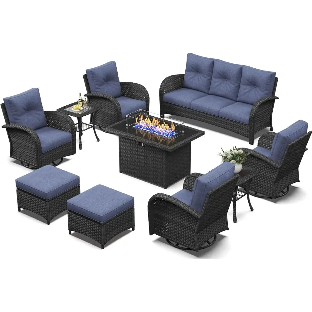 10 Piece High Back Wicker Rattan Patio Set with Fire Pit Table, Black /Navy Blue