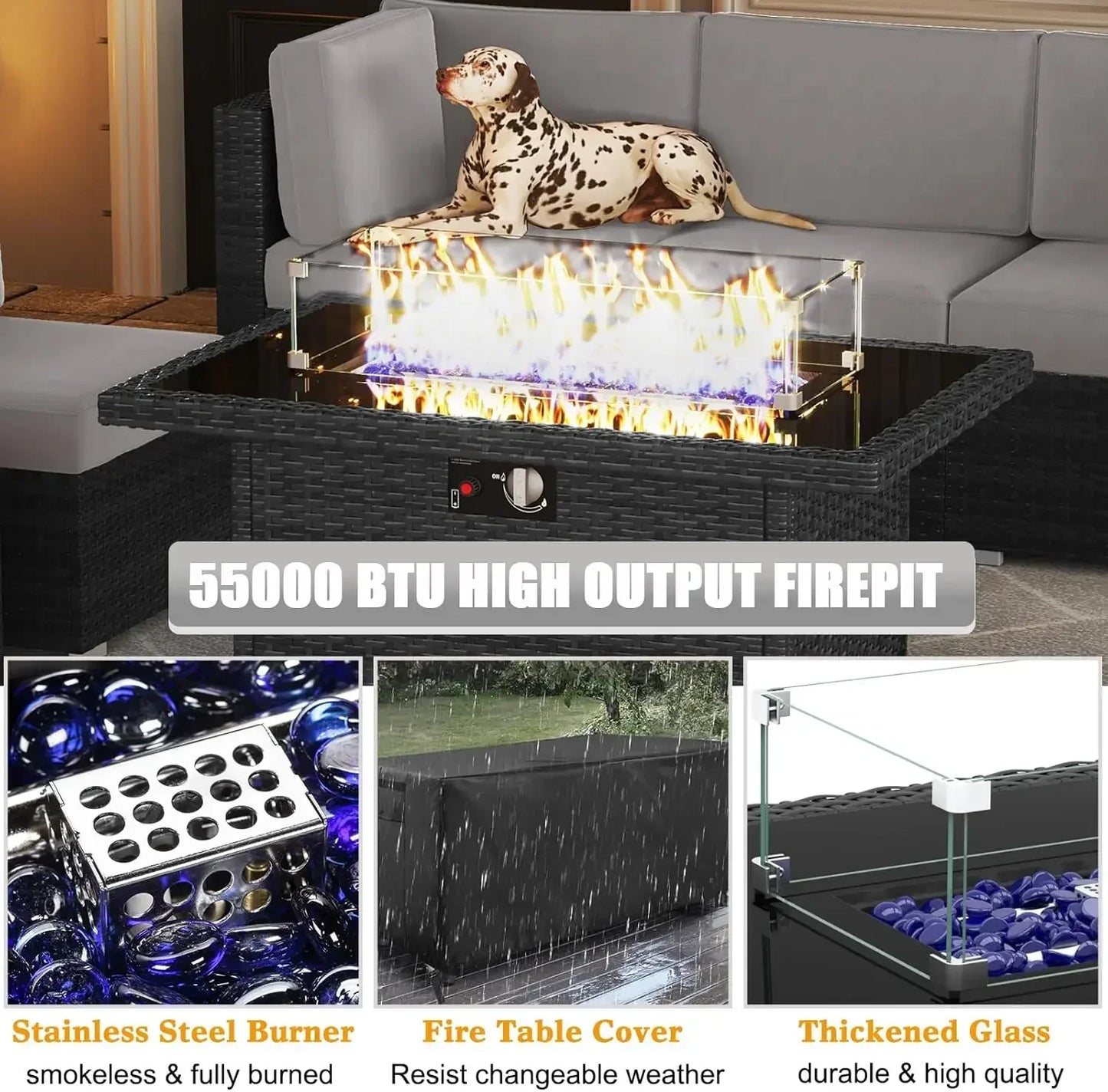 15 Piece Patio Set with Fire Pit Table, Black/Light Grey