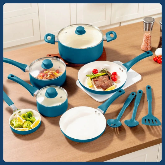 Ceramic Aluminum 12-piece Non-Stick Cookware Set, Blue or Green