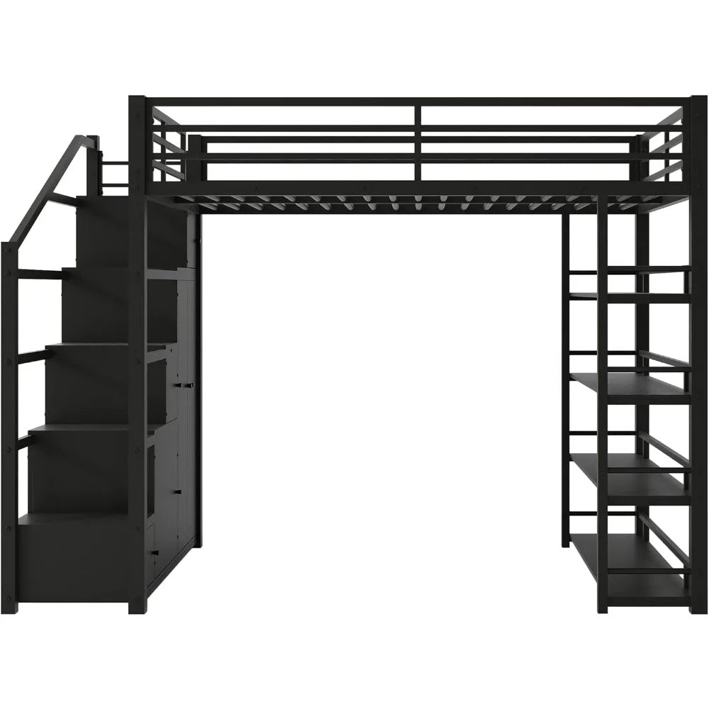 Full Size Heavy-Duty Metal Loft Bed with Stairs