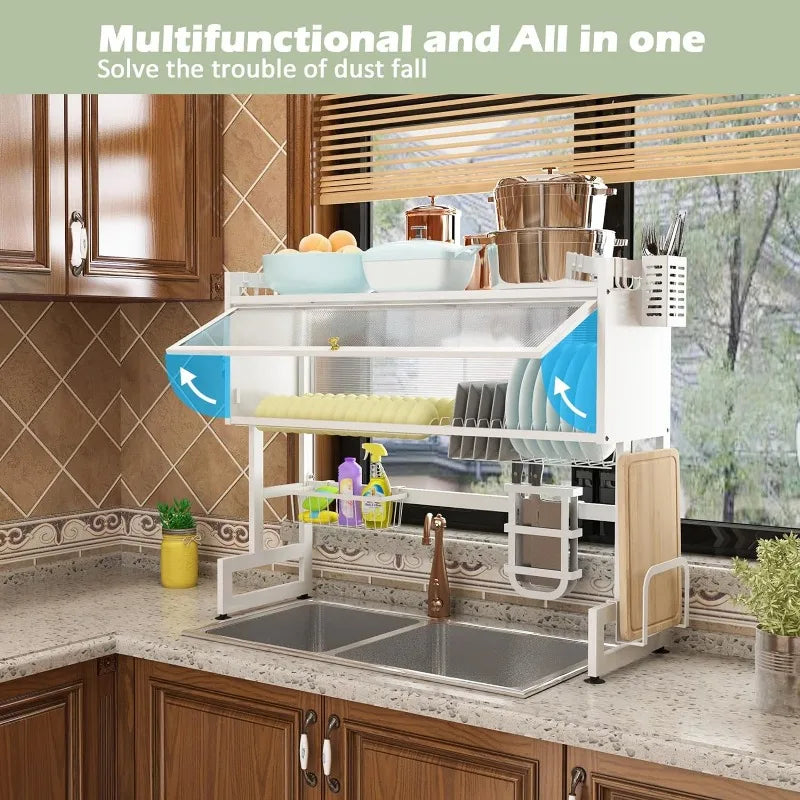 Large Stainless Steel Over The Sink 2 Tier Dish Rack with Cover for Kitchen (Large 37.40 Length)