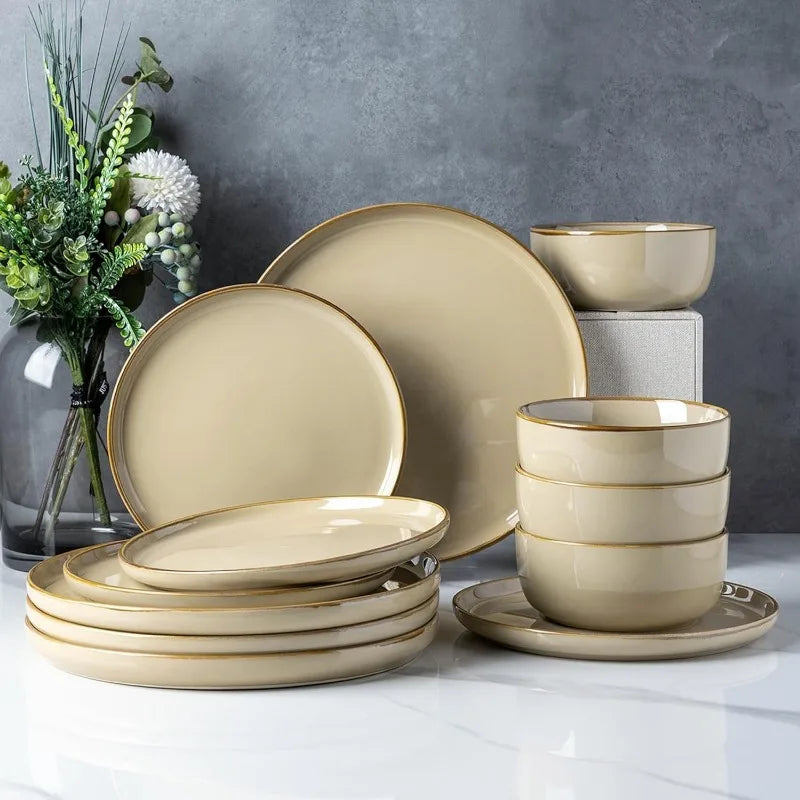 12 Piece Ceramic Dinnerware Set for 4, Scratch Resistant Dishes