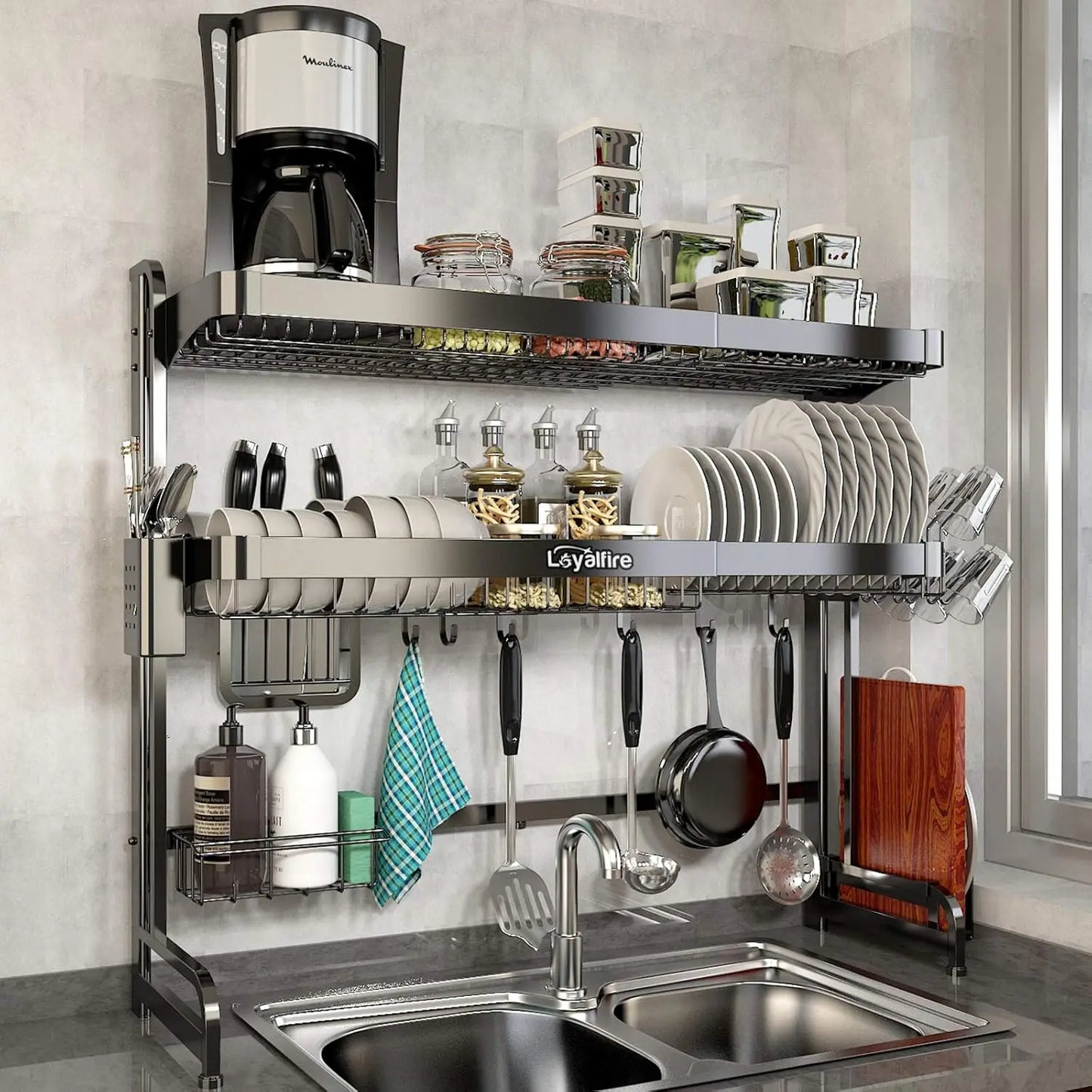 3 Tier Adjustable Length (20.87'' to 37.6'') Full Stainless Steel Large Storage Kitchen Dish Rack