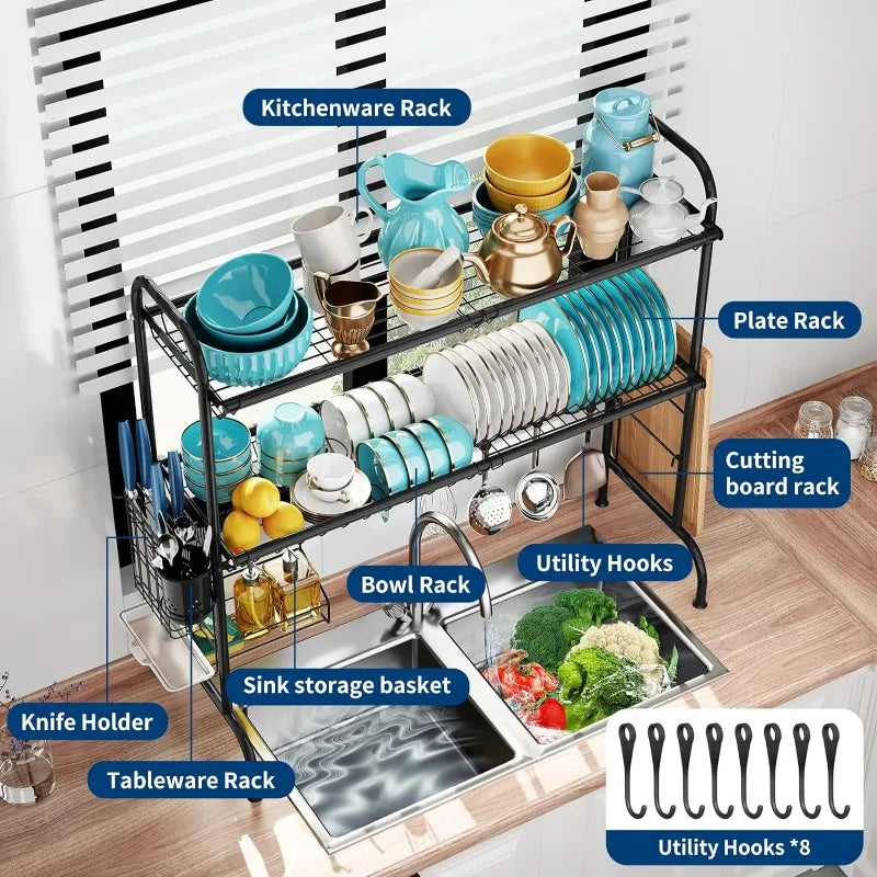 2 Tier Large Over Sink Dish Drying Rack with Utensil Holder