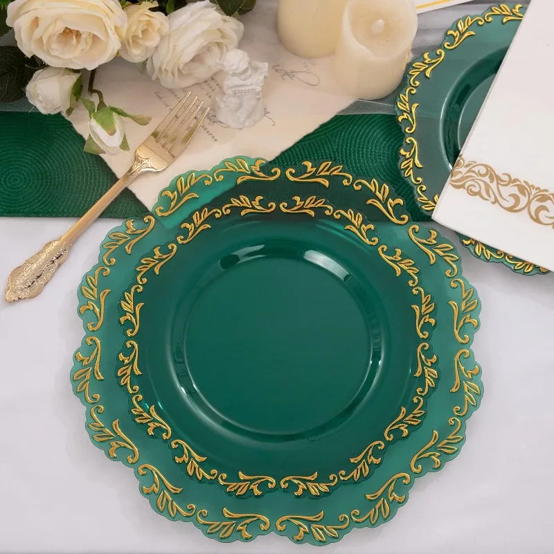 175PCS Clear Green Plastic Plates & Gold Plastic Silverware & Clear Green Cups & Gold Napkins, Service 25 Guest