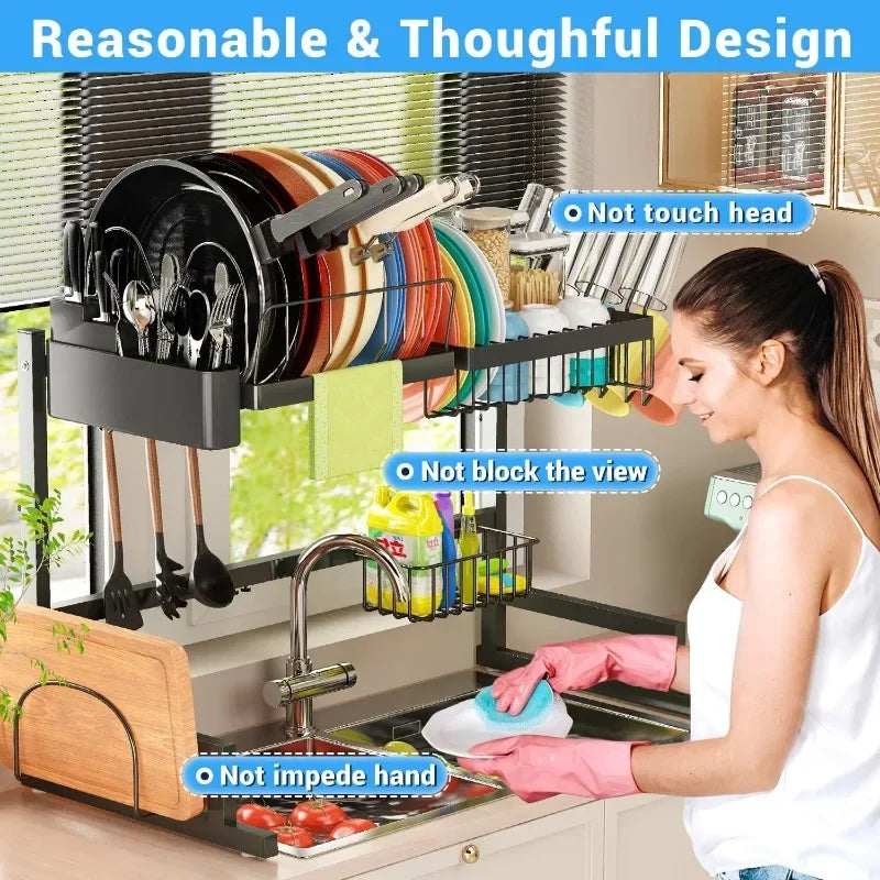 Over The Sink Dish Drying Rack (Adjustable Height/Length) Snap-On Design 2 Tier Large Dish Drainer