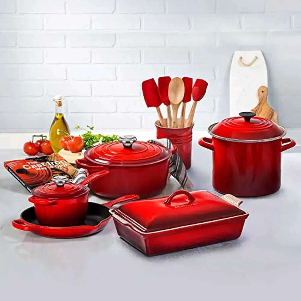 16-Piece Cookware Set with Saucepan, Dutch Oven, Skillet, Stock Pot, Rectangular Dish, Cookbook, Silicone Utensils & Wood Spoon.