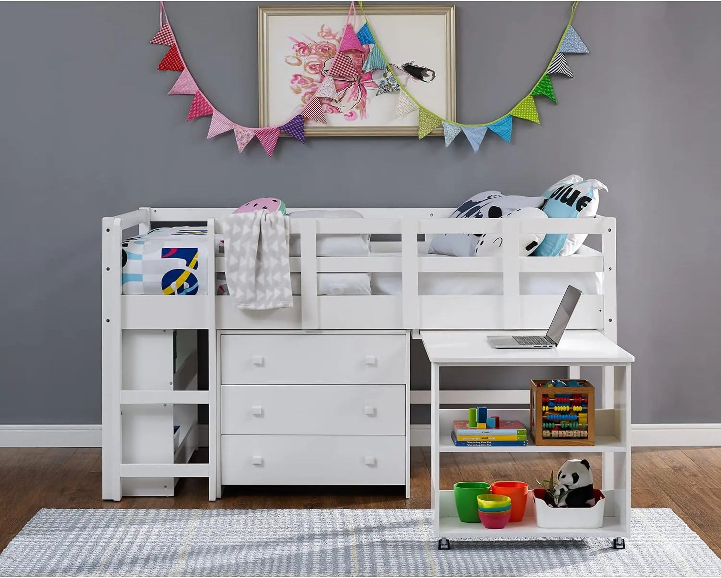 Twin Size Loft Bed With Storage, Desk, Cabinet Ladder, Safety Guard Rails, Bookcase Shelf, White